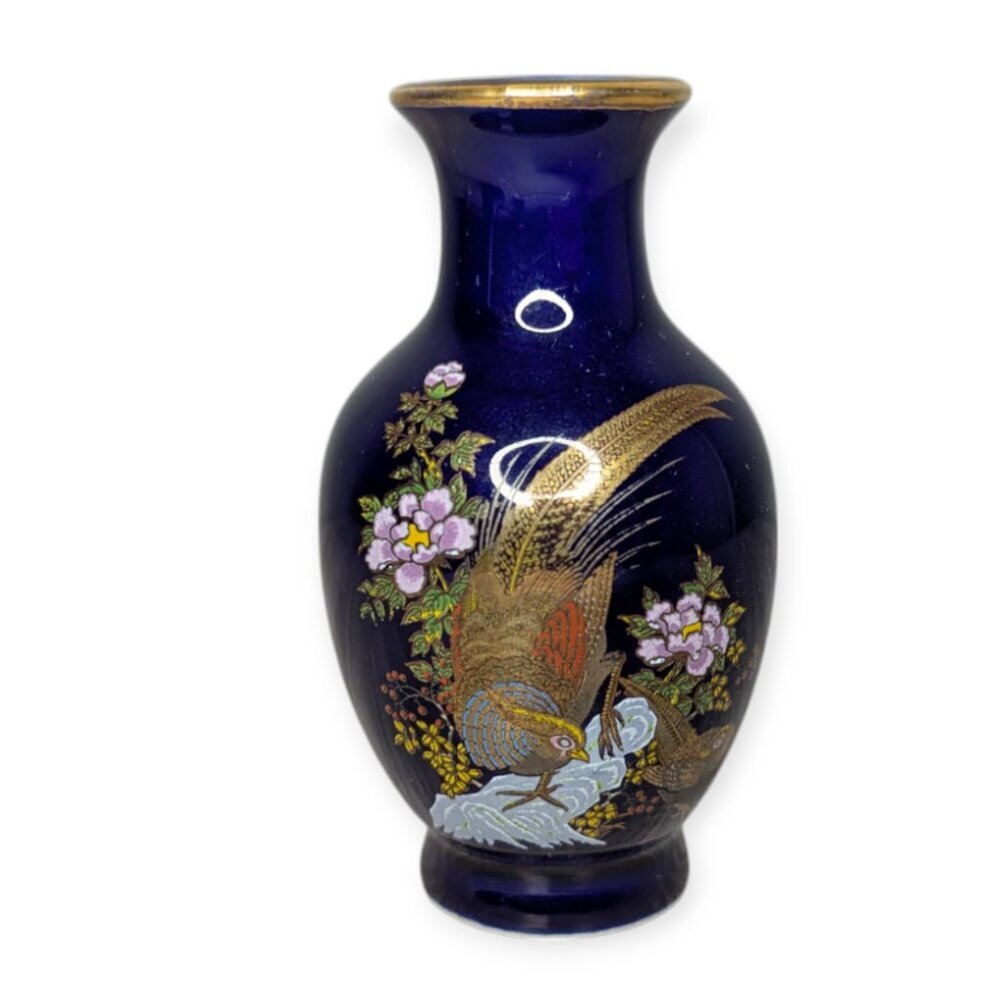 Vintage Blue Floral & Bird Glazed Porcelain Made in Japan Small Bud Vase - Picture 1 of 8